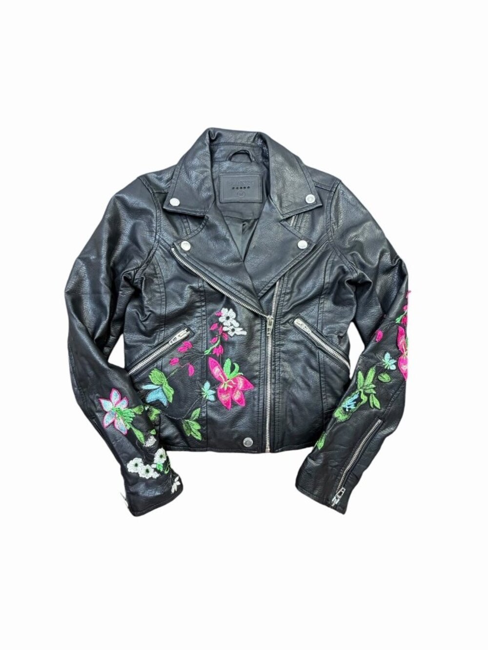 Blank NYC Women’s Black Faux Leather Floral Embroidered Moto Jacket Size Medium